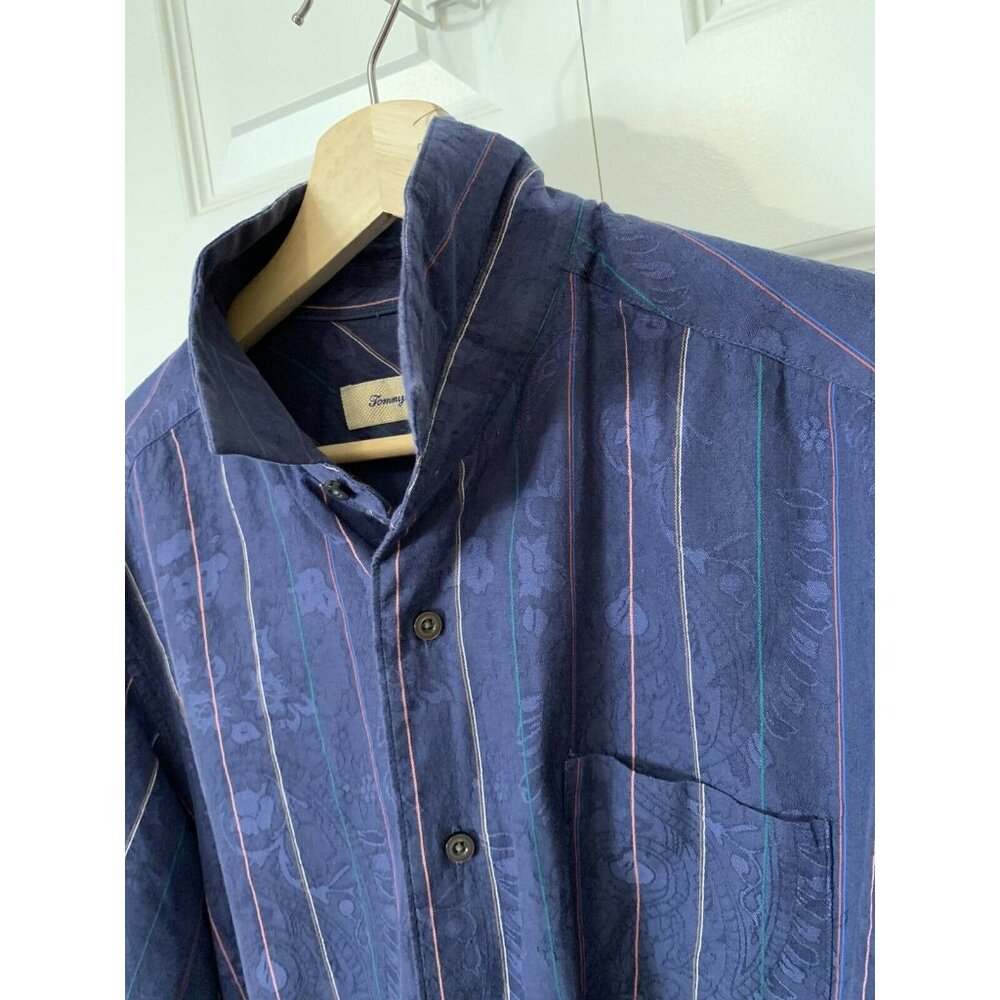 TOMMY‎ BAHAMA Men’s Sz L Cotton Silk Button Down Striped Blue Floral SHIRT